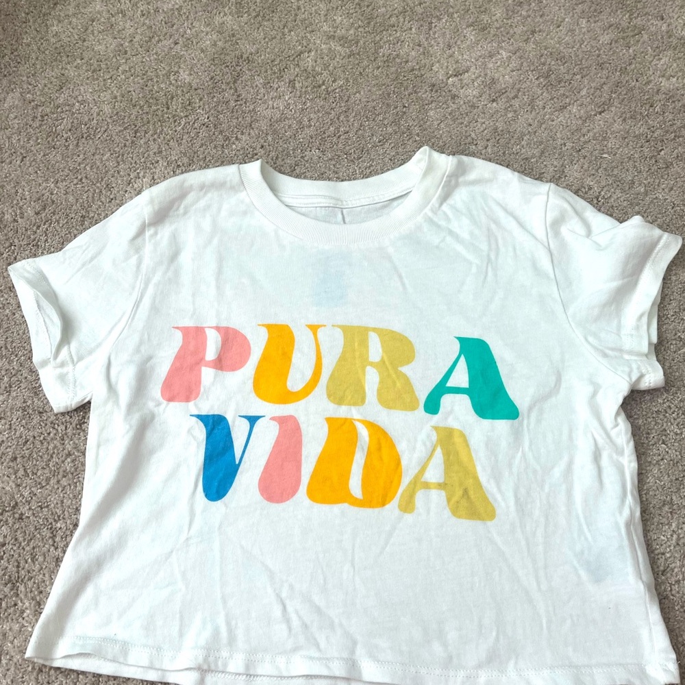 Pura Vida cropped White Tee with Multicolor 'PURA VIDA' Graphic